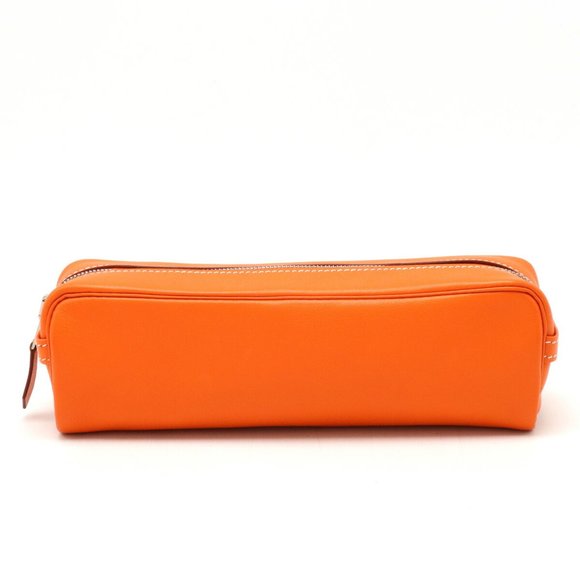 HERMES Scrib Pencil Case Pouch Leather Orange F Stamp - Picture 1 of 6